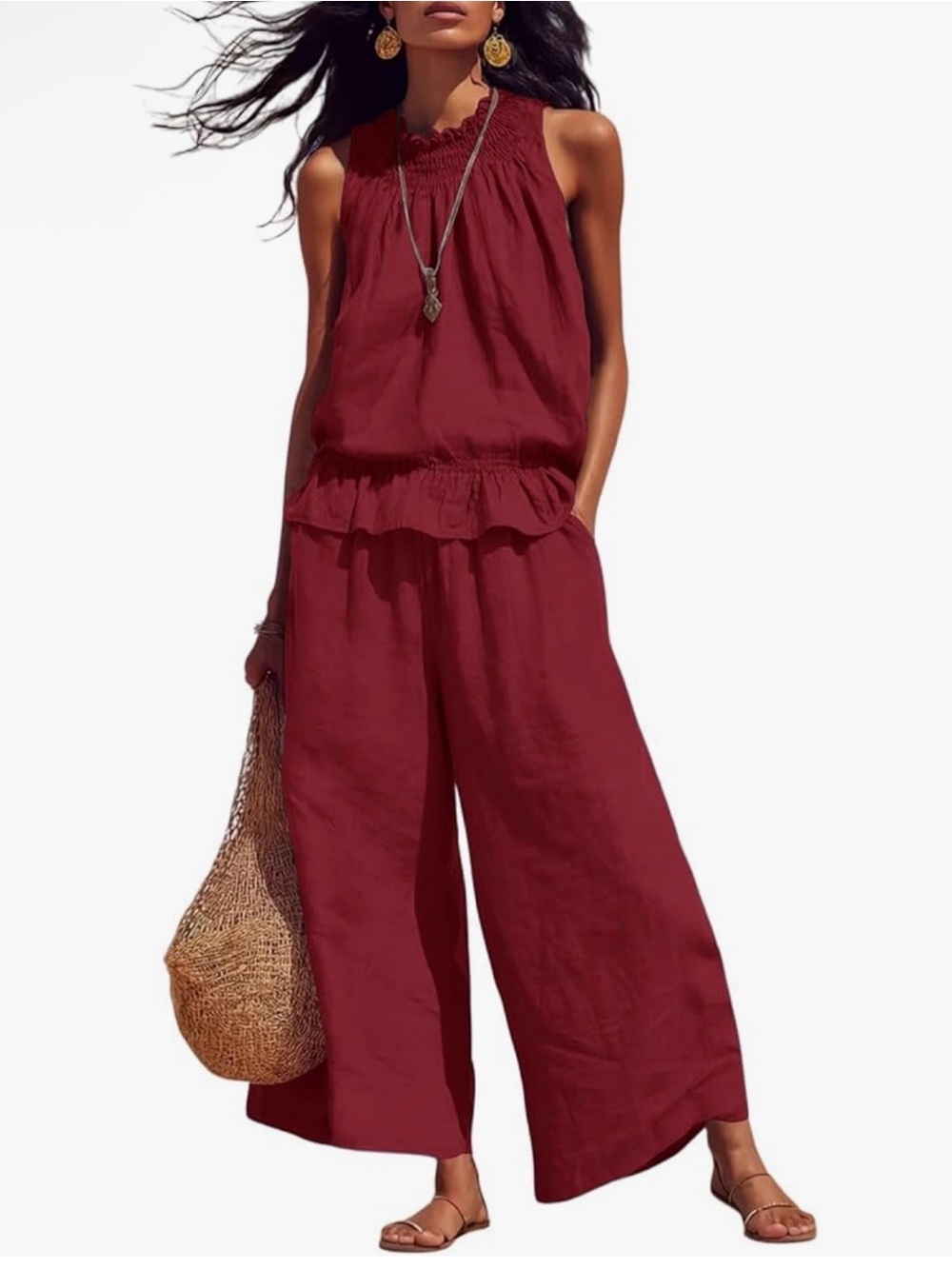 2 Piece Linen Set for Women Boho Ruffle Sleeveless Tank and wide pant-L-Burgundy